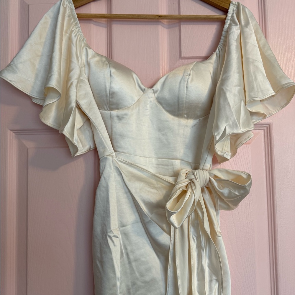 Ivory Satin Mini Dress with Flutter Sleeves